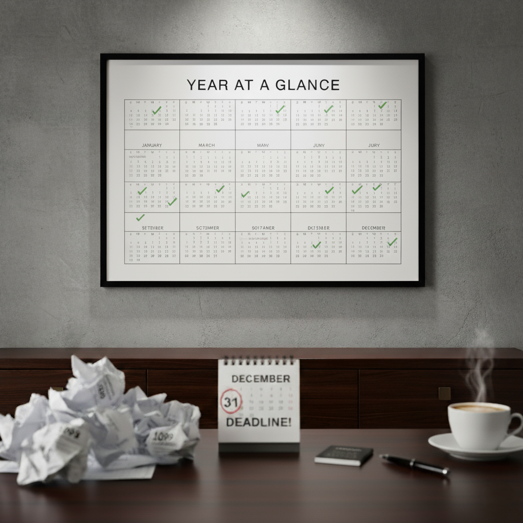 A messy, torn-off calendar page for December contrasted with a clean, full-year calendar, symbolizing proactive tax management.