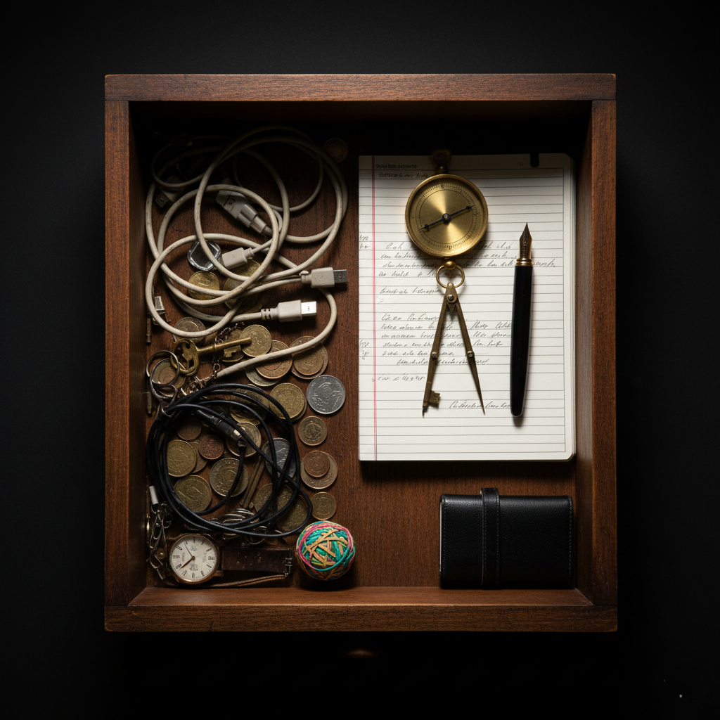 A tangled mess of wires in a drawer, symbolizing a "financial junk drawer" of uncoordinated investments.